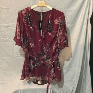 City Chic Maroon Floral Wrap Blouse